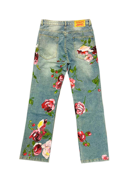 PERFET【flower 】手绘涂鸦remake蓝色牛仔裤不掉色美式男女同款