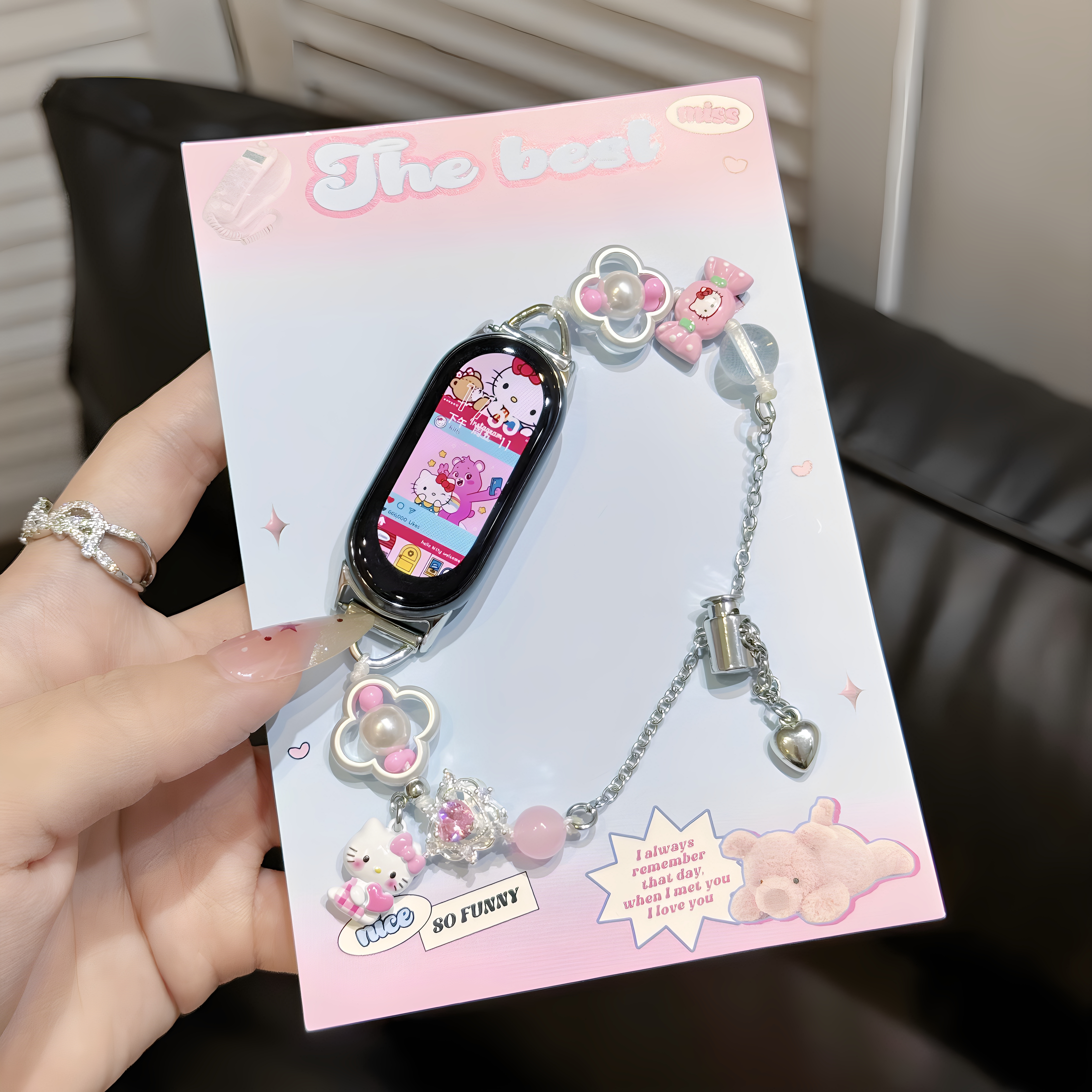 卡通可爱糖果kitty猫手链适用小米手环9/8pro表带彩虹可爱兔腕带