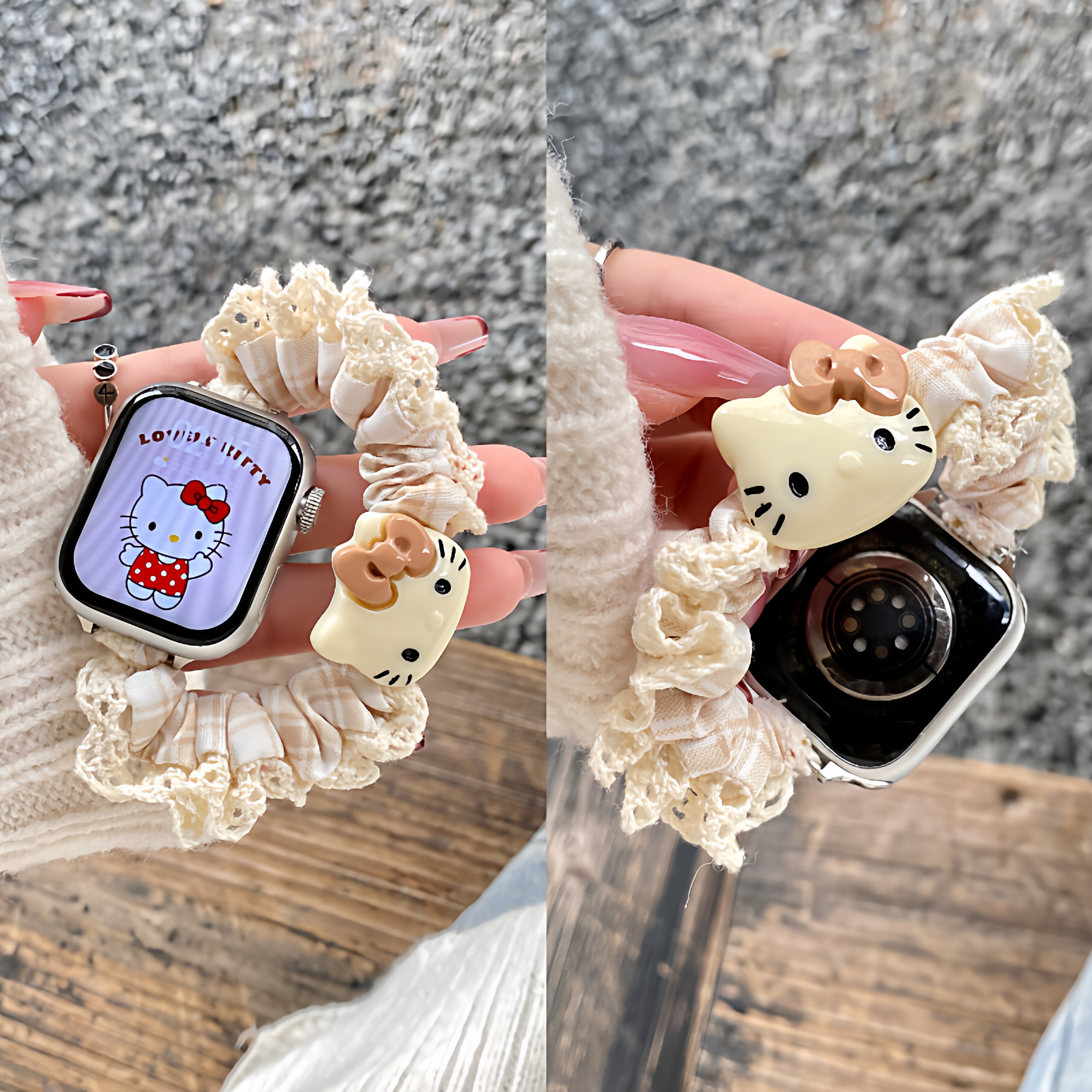 适用苹果iwatchS11表带新款立体Kitty格纹发圈Watch5卡通可爱腕带