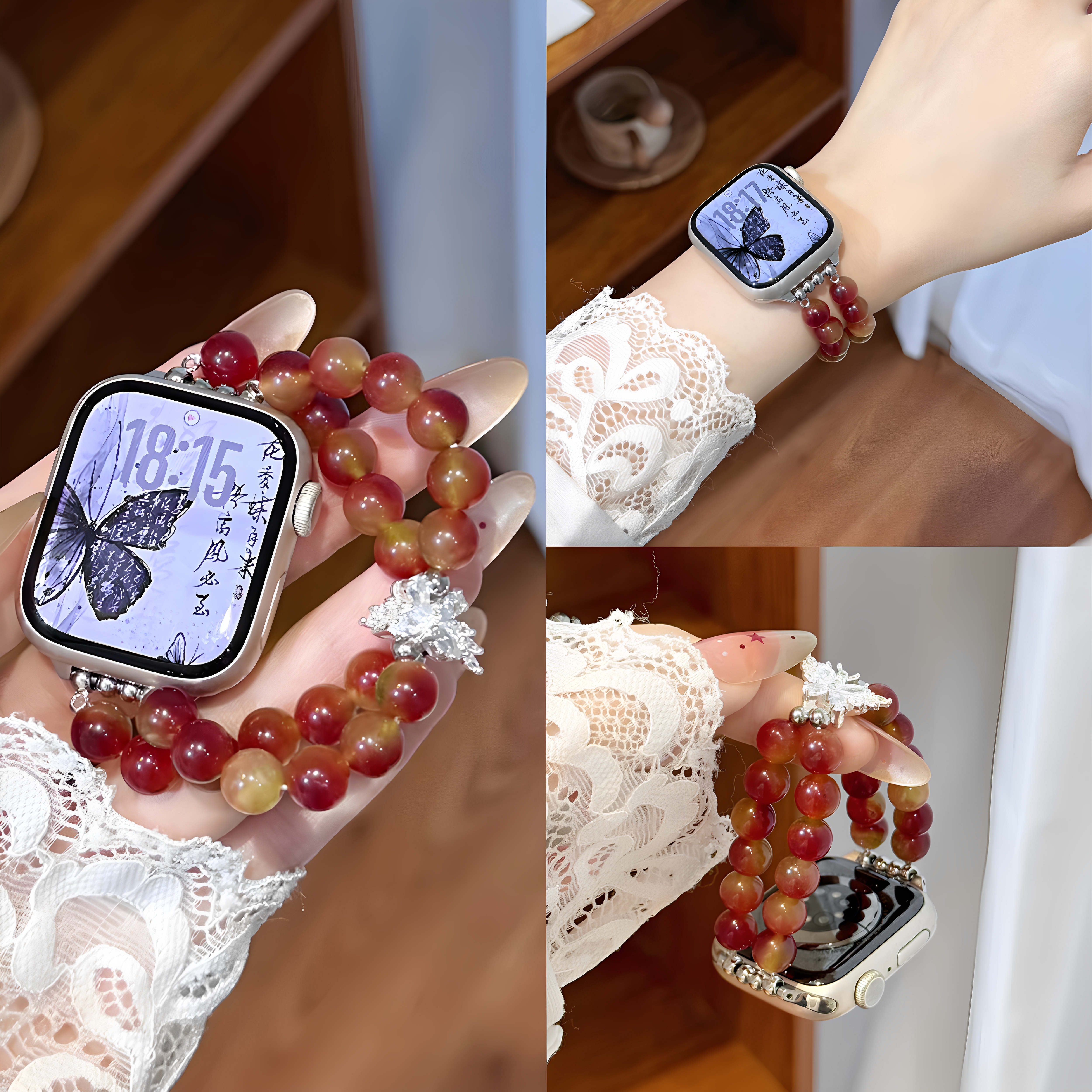 天然红纹石适用苹果iwatch手表带弹力可调节小米9pro华为Fit4串珠