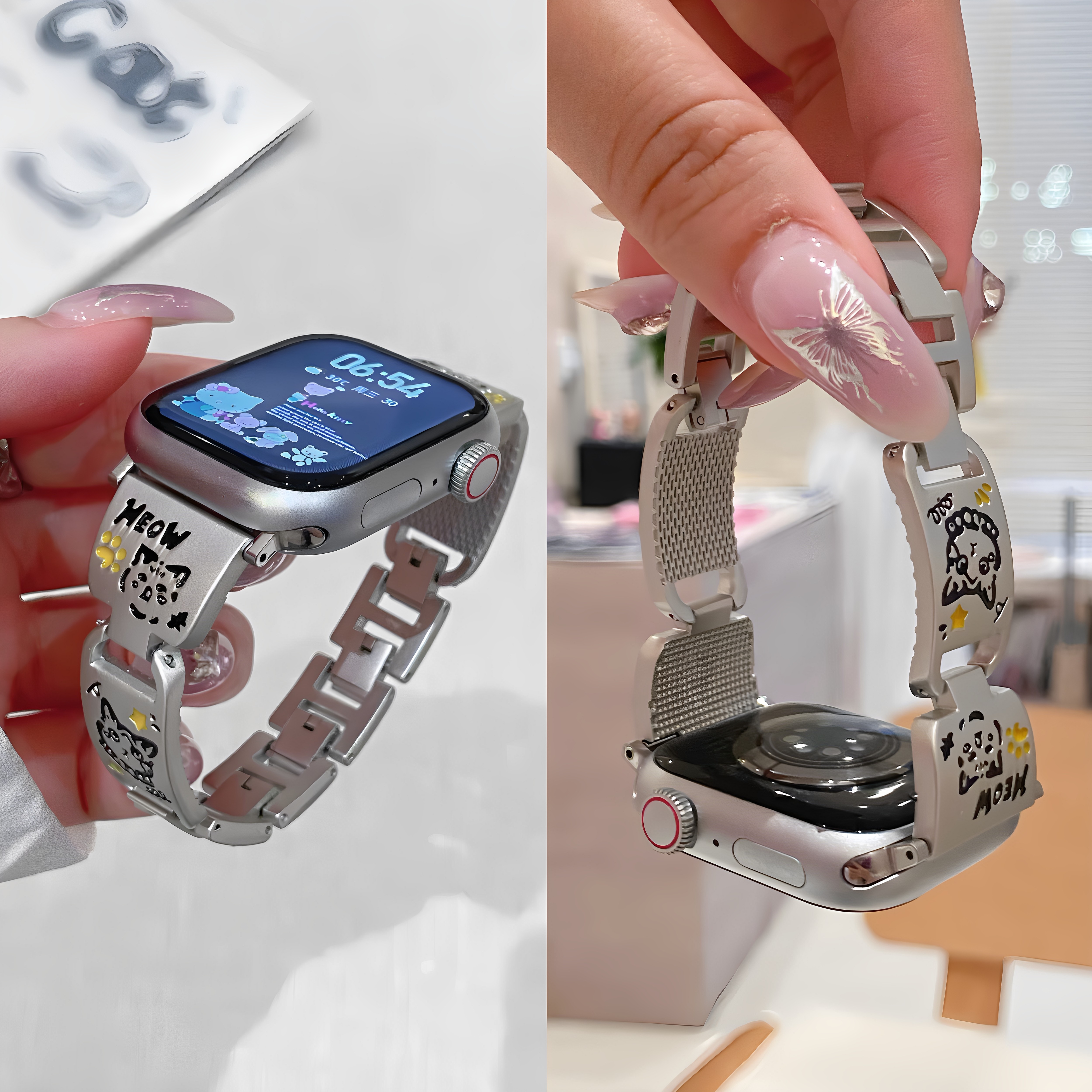 适用于苹果iwatch S10手表带可爱小猫环扣弯片9pro/Fit3金属腕带