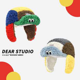 韩版泡芙蛙新款飞机翅膀五片帽子女秋冬季可翻檐小眼睛搞怪雷锋帽