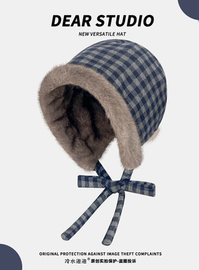 新款日系复古百搭蓝色格纹毛绒绑带护耳帽子女冬季保暖防寒雷锋帽