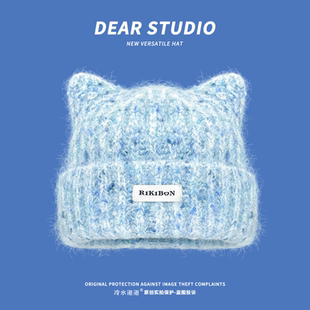 韩系猫耳毛线帽子女2025秋冬季新款加厚保暖护耳减龄显脸小针织帽