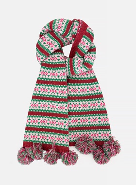 红色费尔岛提花毛球针织围巾女秋冬季韩系保暖氛围感防寒护颈围脖