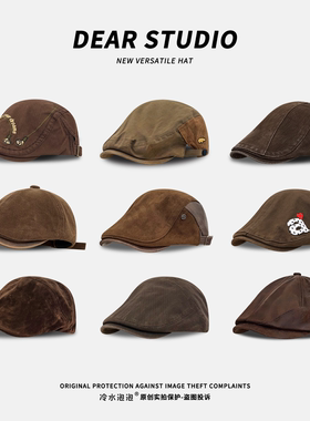 复古美拉德棕色前进帽子女秋冬季英伦风显脸小大头围反戴画家帽男