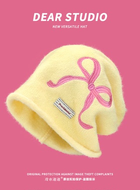 甜美蝴蝶结毛绒针织堆堆帽子女秋冬季大头围显脸小保暖包头帽冷帽