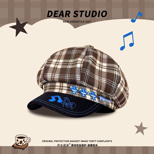 复古格纹刺绣音符八角帽女亚比风拼接撞色小众拍照显脸小贝雷帽潮