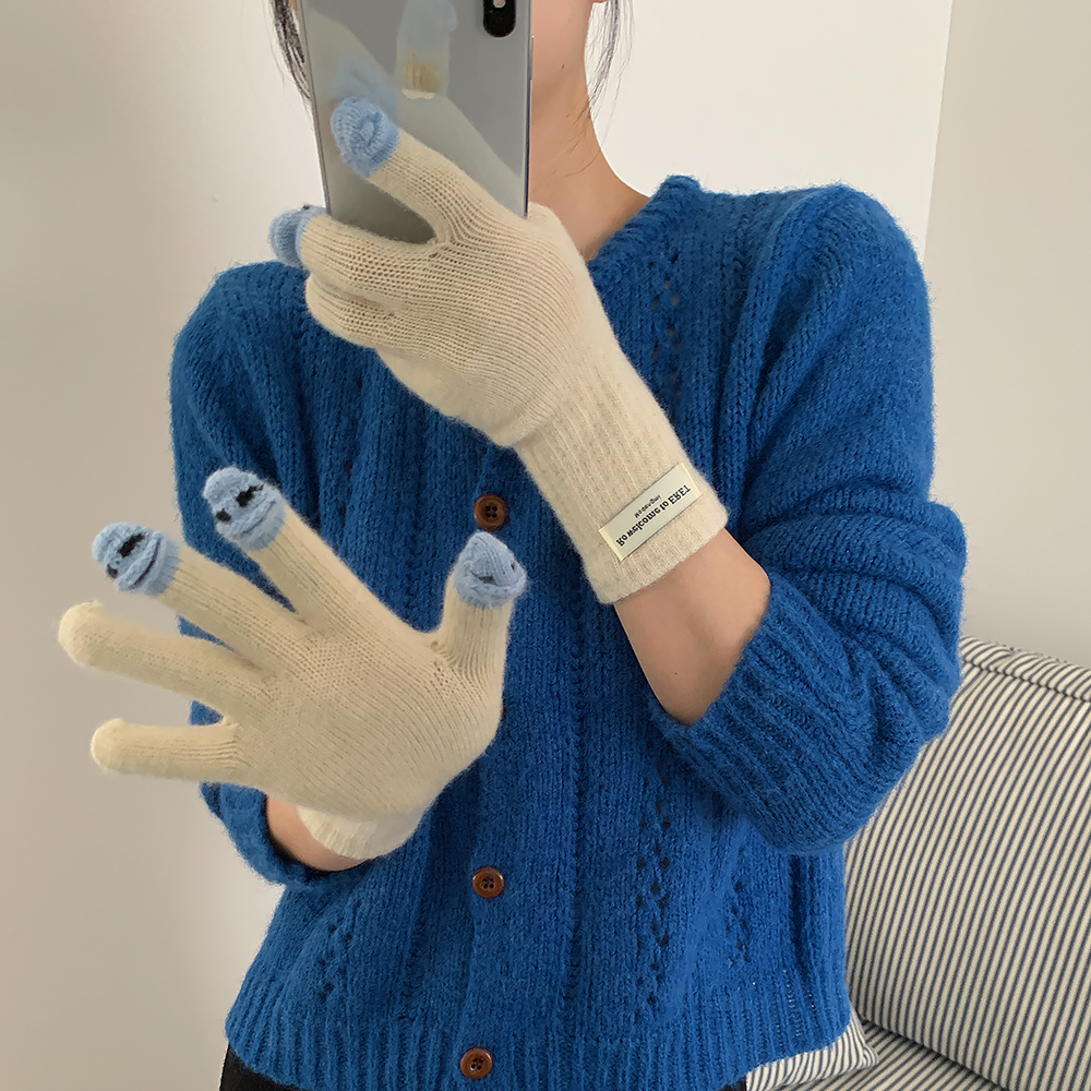 可爱小怪兽针织手套女秋冬季2025新款分指加厚保暖可触屏学生骑行