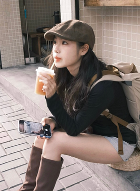 2025新款棕色麂皮绒前进帽子女英伦风复古小众百搭贝雷帽画家帽潮