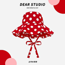 俏皮可爱红色波点渔夫帽子女夏季遮阳法式复古绑带大檐显脸小盆帽