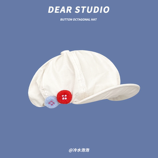 甜美棉麻彩色毛毡纽扣八角帽子女日系复古大头围云朵画家帽显脸小