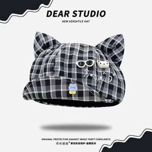 可爱卡通猫耳格纹八角帽子女春夏季 甜美百搭显脸小翻檐贝雷帽 新款