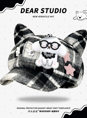 日系原创亚文化小狗猫耳贝雷帽子女二次元宅系可爱显脸小八角帽潮