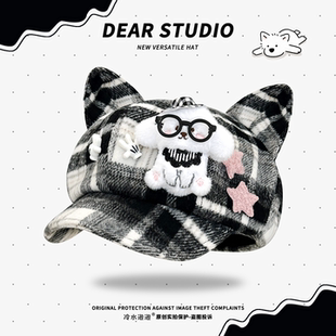 日系原创亚文化小狗猫耳贝雷帽子女二次元宅系可爱显脸小八角帽潮