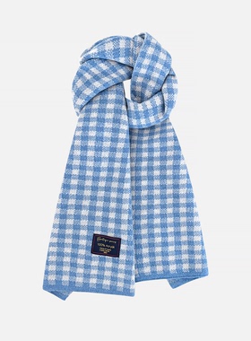 韩版蓝色小格子仿羊绒针织围巾女秋冬季保暖软糯百搭情侣披肩围脖