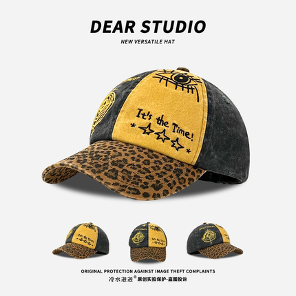 Y2k甜酷辣妹小众复古豹纹拼色水洗做旧鸭舌帽子女美式街头棒球帽