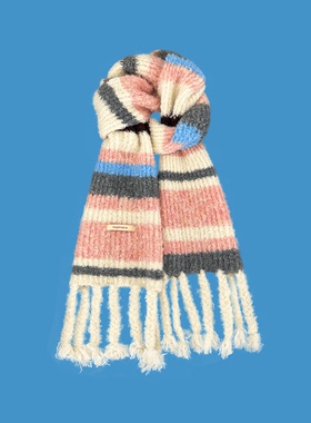 2025新款条纹拼色粗麻花辫子围巾女秋冬季加厚保暖百搭针织围脖潮