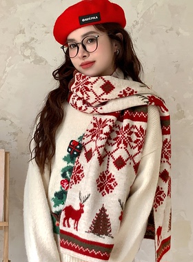 韩系圣诞节礼物针织围巾女秋冬季新款氛围感加厚保暖百搭学生围脖