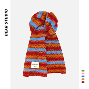 韩系氛围感拼色条纹针织围巾女秋冬季加厚防寒保暖学院风披肩围脖