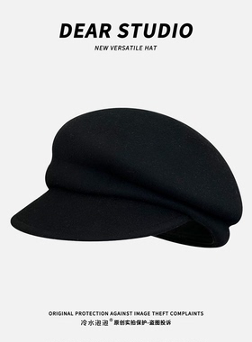 fever同款英伦风黑色羊毛呢贝雷帽子女秋冬季新款气质百搭八角帽