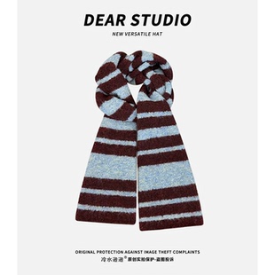 韩版小众时髦条纹手工针织拼色围巾女秋冬日系百搭层次氛围感围脖