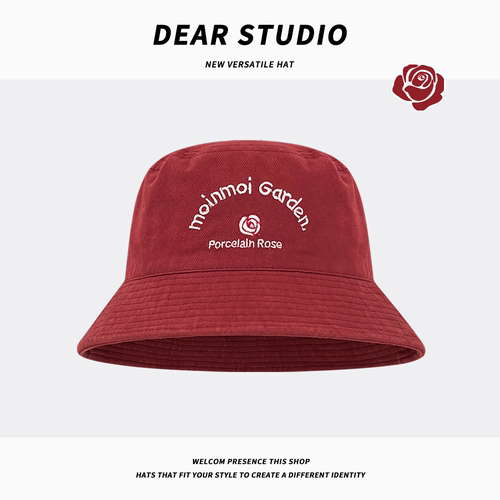 日系百搭玫瑰字母刺绣遮阳水桶帽