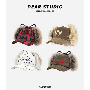 秋冬新款字母刺绣辣妹鸭舌帽子女仿皮草毛绒保暖护耳灯芯绒棒球帽