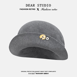 韩系花朵纽扣针织渔夫帽子女春夏季 休闲百搭大头围显脸小贝雷帽潮