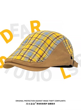 日系复古黄色格子前进帽子女韩版百搭显脸小反戴贝雷帽破洞鸭舌帽