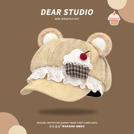 日系可爱蛋糕小熊耳朵八角帽子女2025秋季y2k宅系亚文化贝雷帽潮