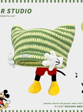 亚比风2025新款手工可爱米奇屁屁手掌条纹套头帽子女针织毛线帽潮