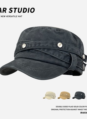 韩系复古做旧水洗平顶帽子女秋冬休闲气质百搭高级感骑士帽马术帽