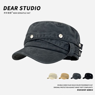 韩系复古做旧水洗平顶帽子女秋冬休闲气质百搭高级感骑士帽马术帽