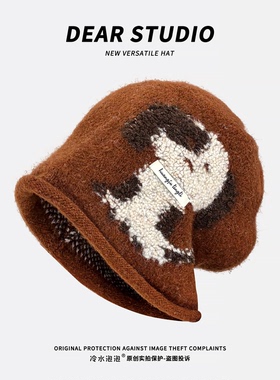 日系可爱卡通小狗针织堆堆帽子女秋冬季保暖护耳显脸小套头帽冷帽