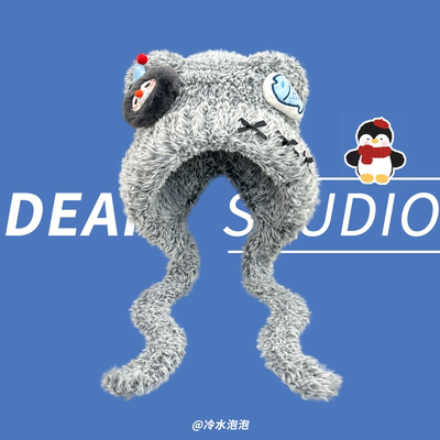 可爱蝴蝶结小熊毛绒帽子女秋冬季