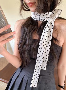 高级感时髦白色波点复古长条丝巾系脖小领巾韩版ins细窄绑发腰带