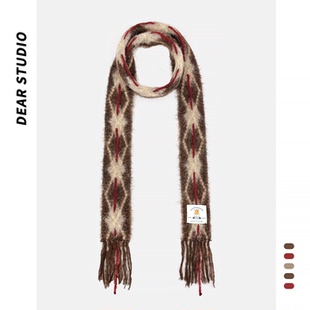 韩版小众手工针织细长款围脖女秋冬季时尚氛围感菱形格围巾配饰潮