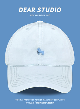 可爱小马标蓝色温柔甜美鸭舌帽子女新款宽檐显脸小学生情侣棒球帽