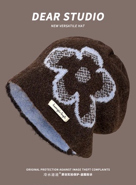 韩系ins个性显脸小花朵包头帽子女秋冬保暖氛围感出片针织帽冷帽