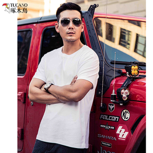 啄木鸟夏季纯棉刺绣短袖男2026休闲运动宽松大码圆领透气打底T恤