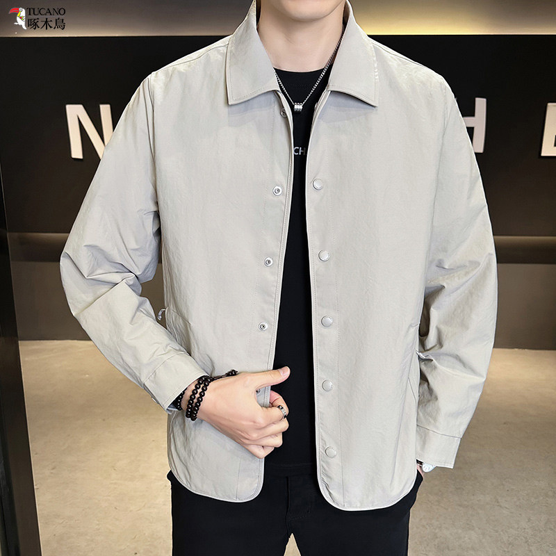 啄木鸟2026春秋时尚翻领男士夹克休闲宽松纯色衬衫百搭上衣外套