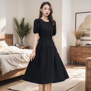 纯色气质休闲女2024年夏季新款简约百搭收腰显瘦小个子短袖裙子