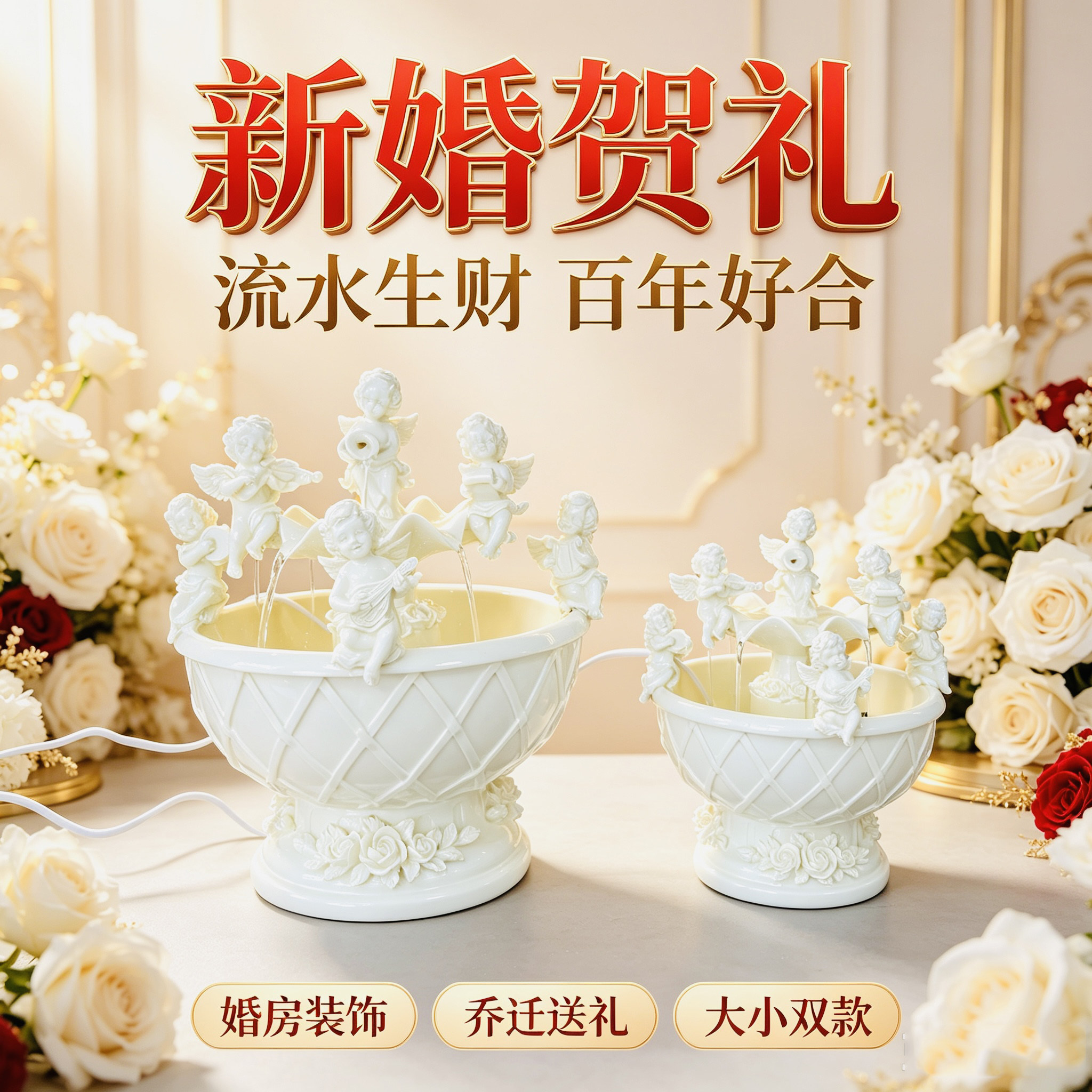 欧式天使喷泉流水器开业乔迁结婚礼物桌面循环水景雾化加湿器摆件
