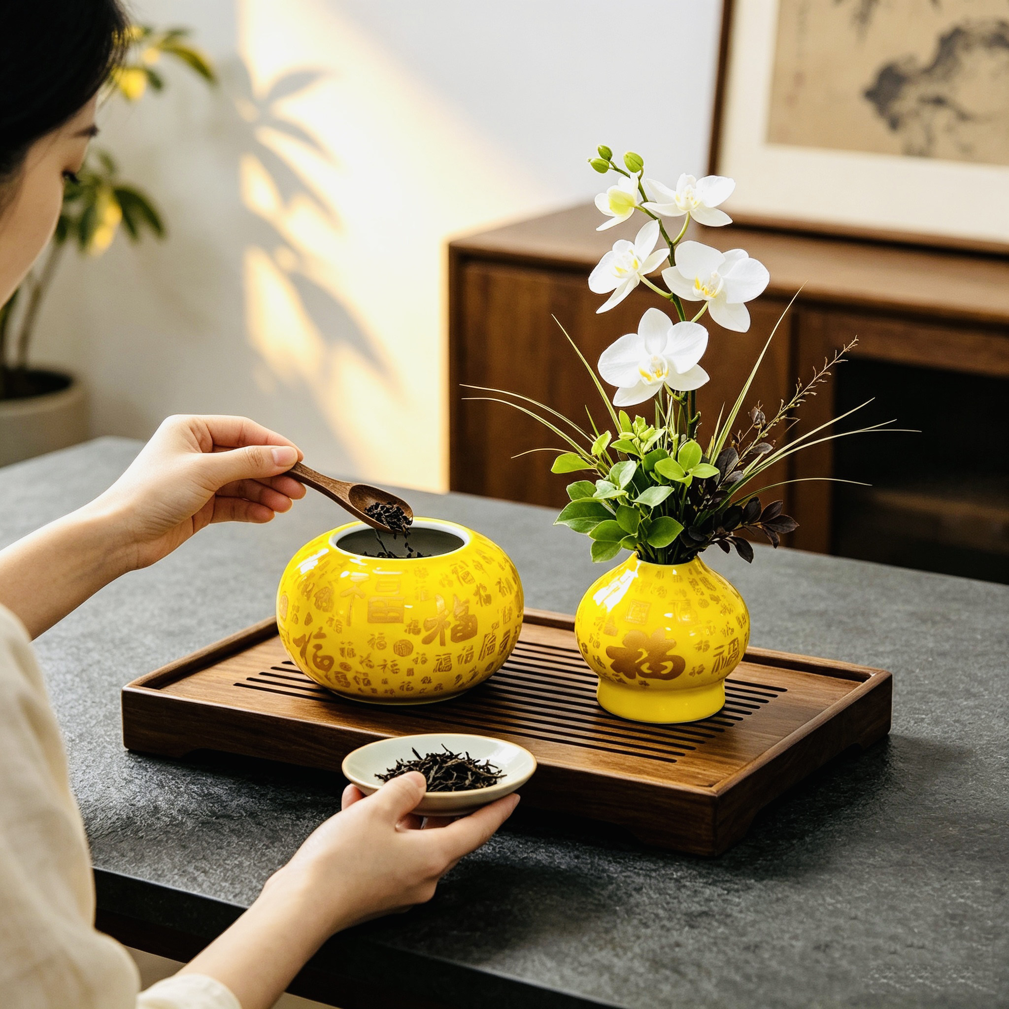 百福红瓷一对茶叶罐花瓶两用摆件新中式客厅茶台装饰乔迁新居礼物