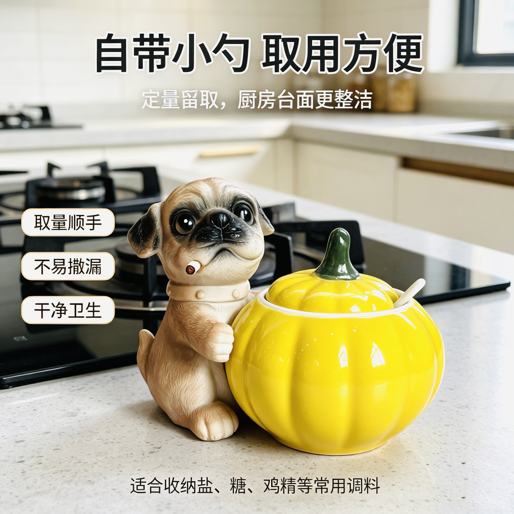 可爱巴哥狗陶瓷南瓜调味罐带勺
