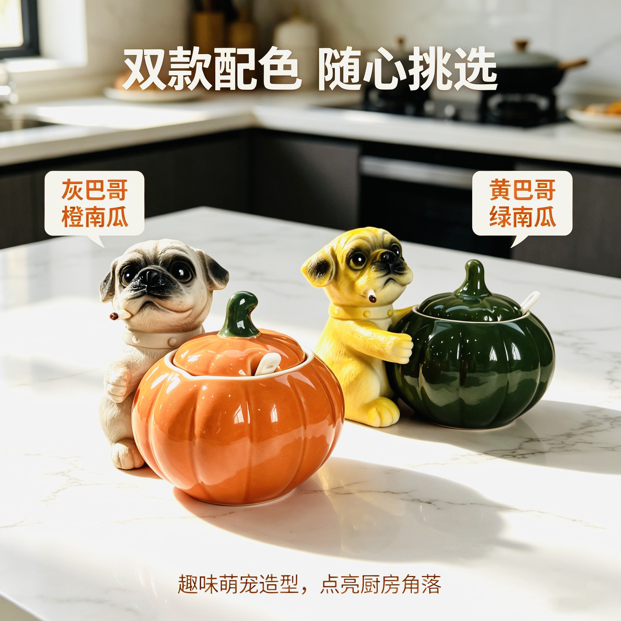 巴哥犬南瓜陶瓷带盖带勺调味罐