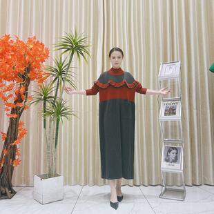 A127灰红层次拼接设计款 复古 气质秋冬轻奢针织连衣裙时尚