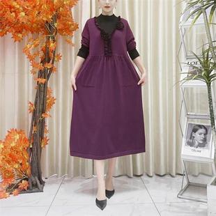 紫黑拼接立体提花设计款气质秋冬轻奢针织连衣裙时尚复古