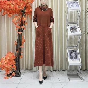胭脂红提花带丝巾设计款 复古针织连衣裙 气质秋冬轻奢时尚